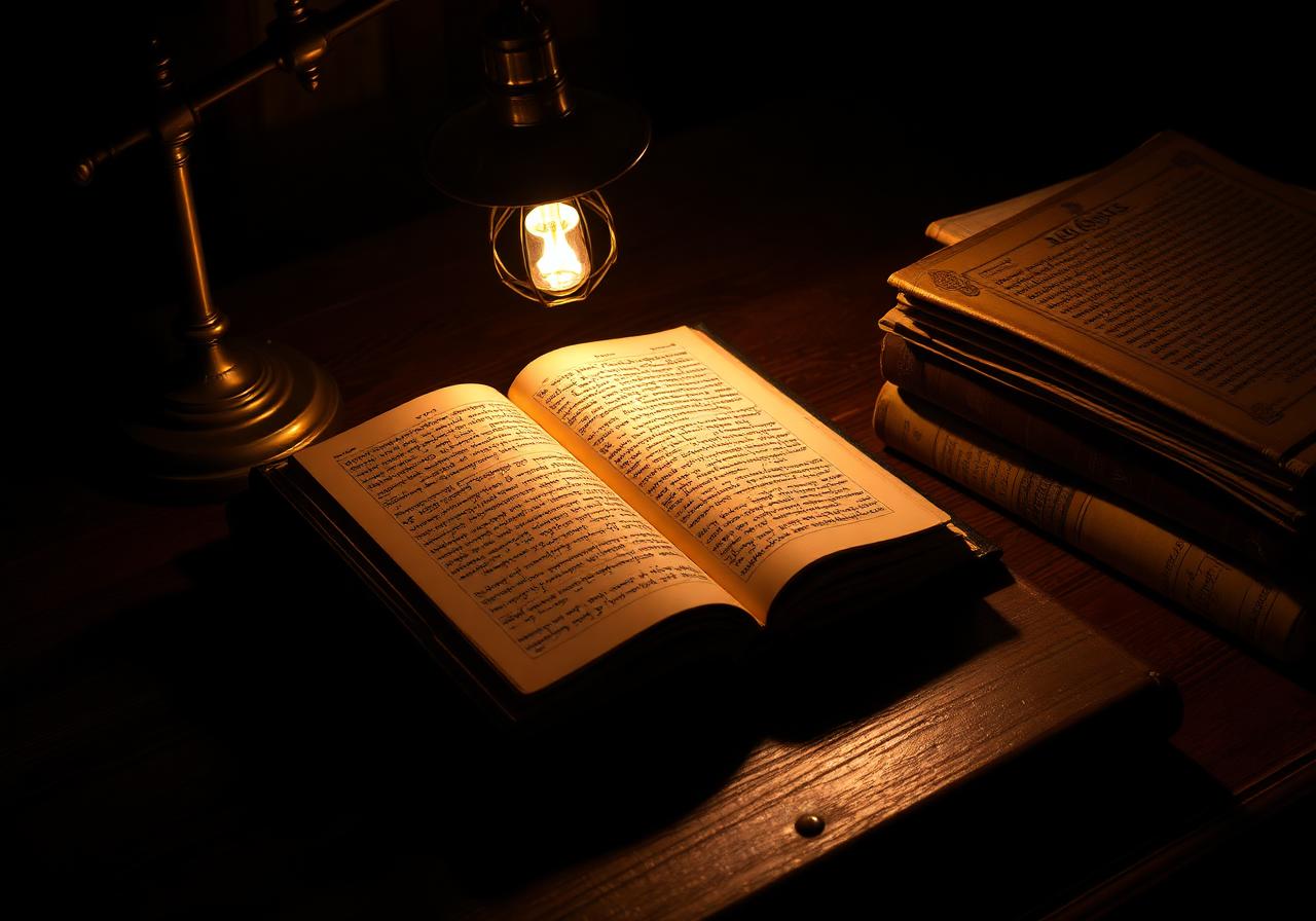 Open Talmud book lit by a warm brass lamp