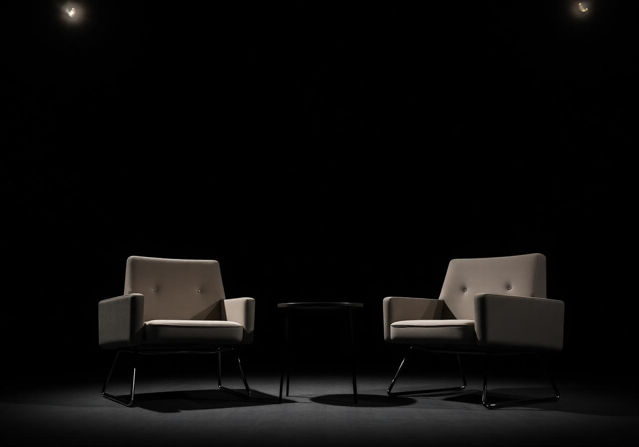 Two chairs on a lit talk stage